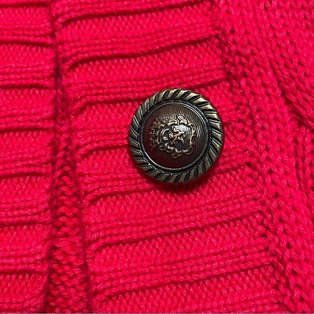 Vintage Twisted Cable Knit Sweater Long Cardigan Red Crest Rampant Lion Buttons - Picture 11 of 11